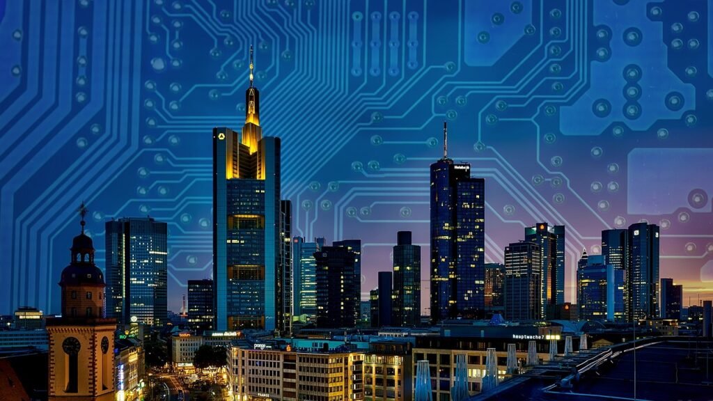 smart, city, circuit, board, technology, connected, skyline, skyscrapers, future, business, modern, automatization, robots, blue business, blue technology, blue city, blue robot, blue future, blue company, blue board, circuit, future, future, future, future, future